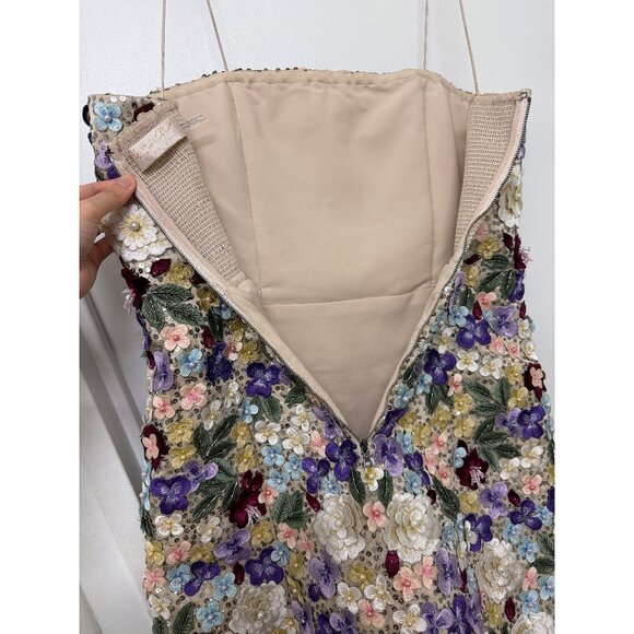 Alice + Olivia Velia Embellished Mini Gown Dress Floral Embroidered Champagne 12 - Picture 15 of 16
